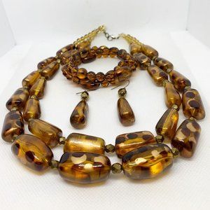 Beaded necklace, faux tortoise, bracelet, earrings, 3 pc set
